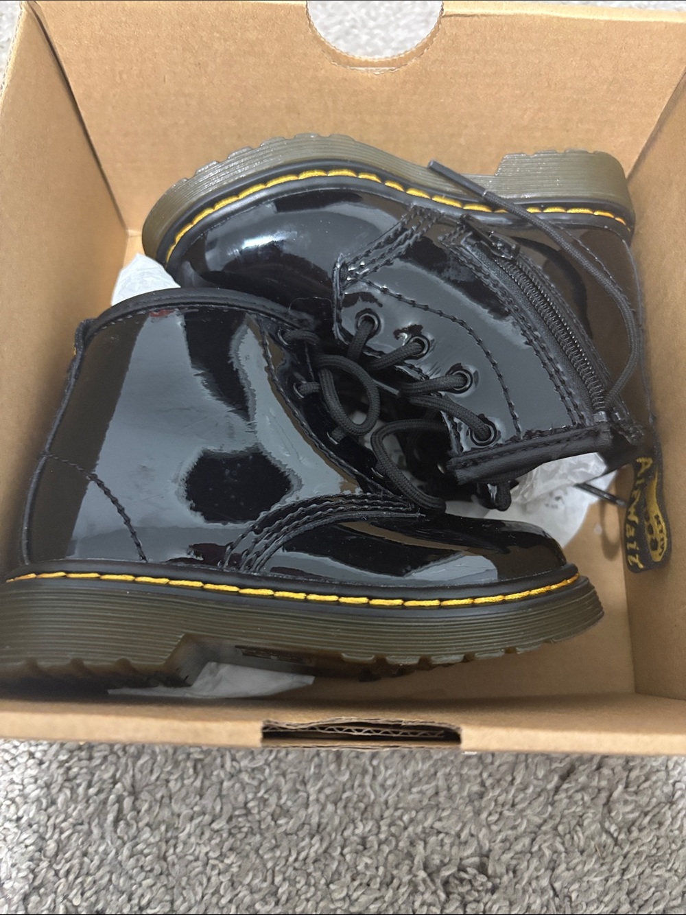 Dr. Martens Kids Black Patent Lace-Up Ankle Boots with Yellow Stitch